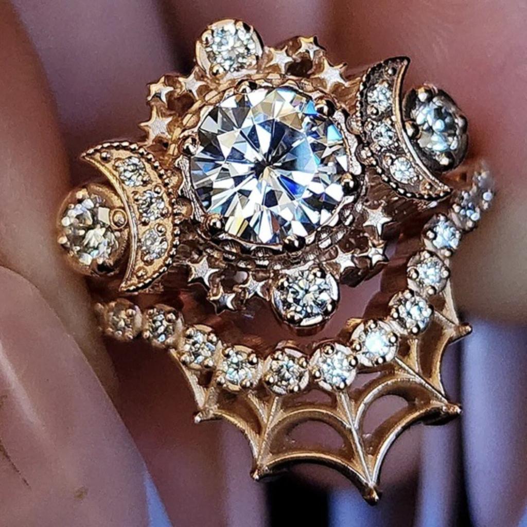 Luxury European and American Fashion Cosmic Moon Muse Engagement Ring Set Star Moon Spider Web Women's Ring