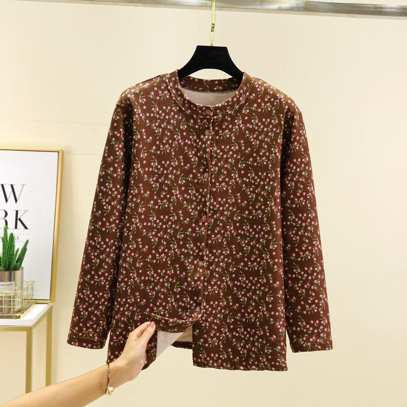 

Middle-Aged and Elderly Floral Short Coat Winter Double-Sided Dralon Buckle Thick Tops Loose round Neck Cashmere Cold-Proof Mom Wear Brown L (Recommendation 40.00 kg-50.00 kg