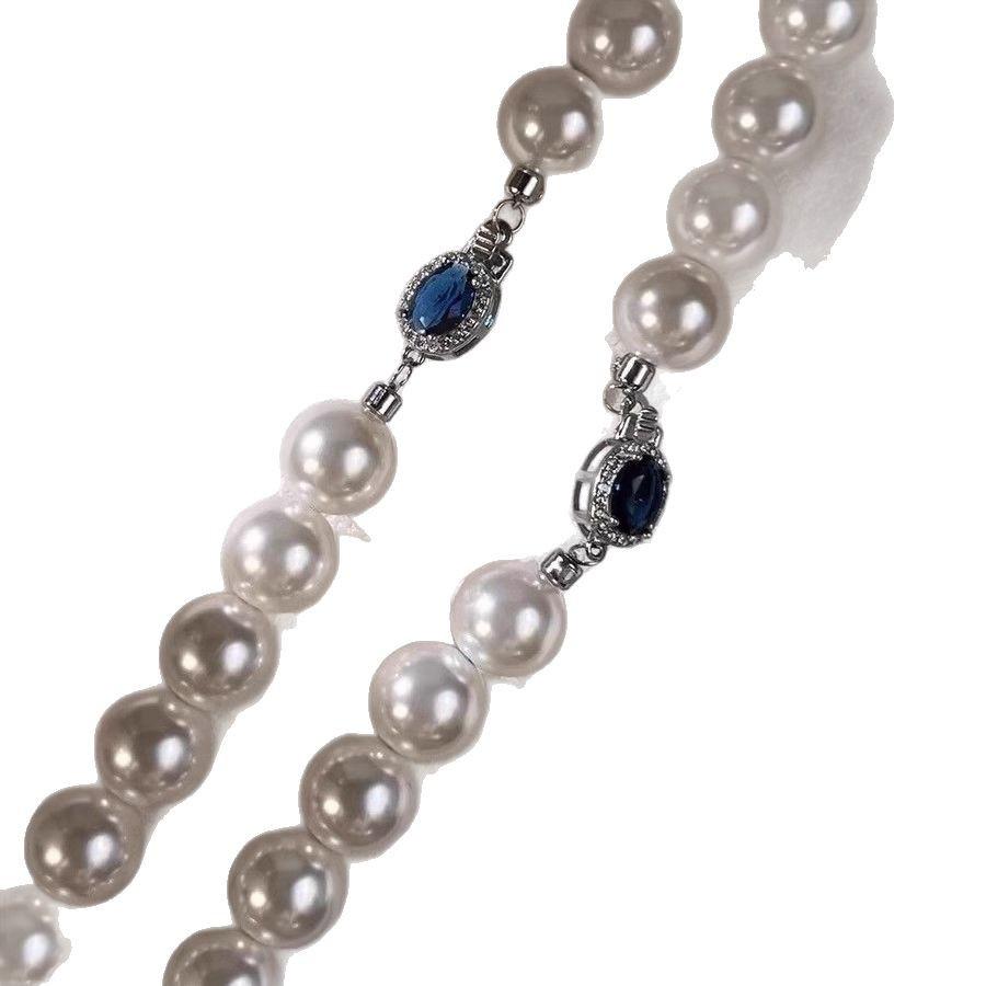 Natural Mother-of-Pearl Necklace with 925 Silver Sapphire Clasp, High Luster Shell Pearls, and Australian White Pearls.