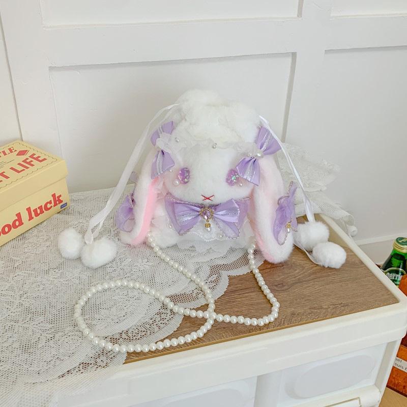 Lolita Plüsch Hasen Tasche mit Schleife, Perlenkette und Herz Design - Süße Girly Umhängetasche