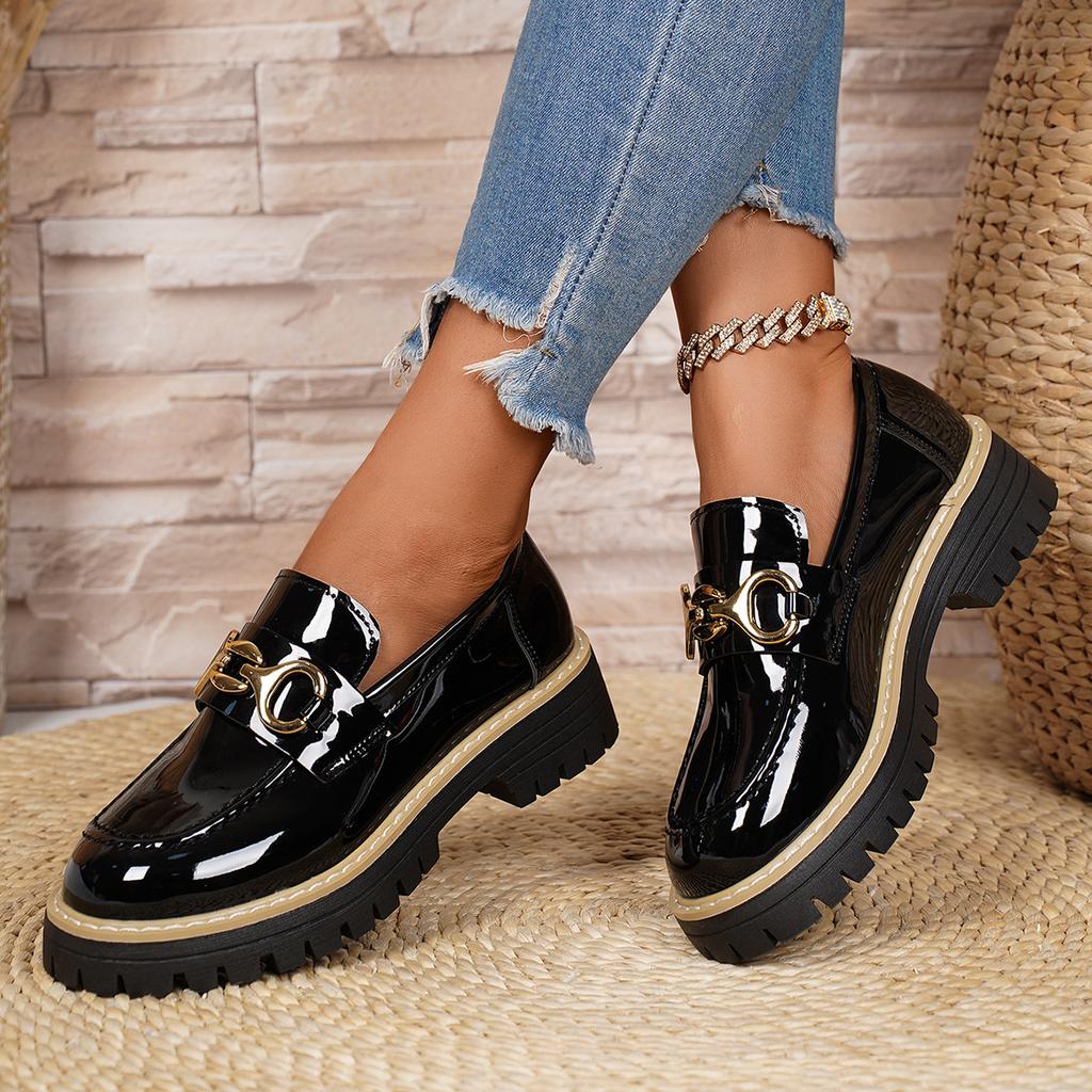 2025 autumn new foreign trade large size round head thick heel thick sole one pedal glossy small leather shoes loafers women
