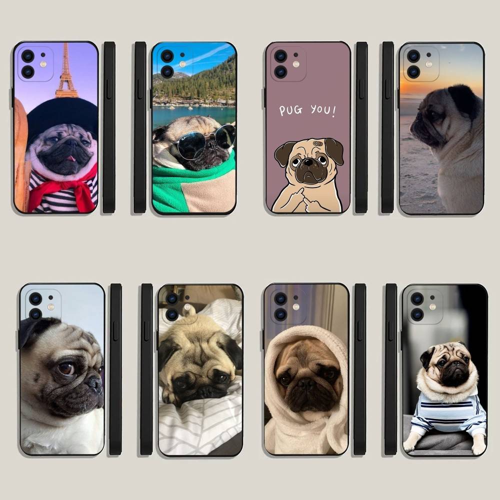 Pug Dog French Bulldog Phone Case For iPhone16,15,14,13,12,11,Plus,Pro Max,XS,X,XR,SE,Mini,8,7 Soft Silicone Black Cover