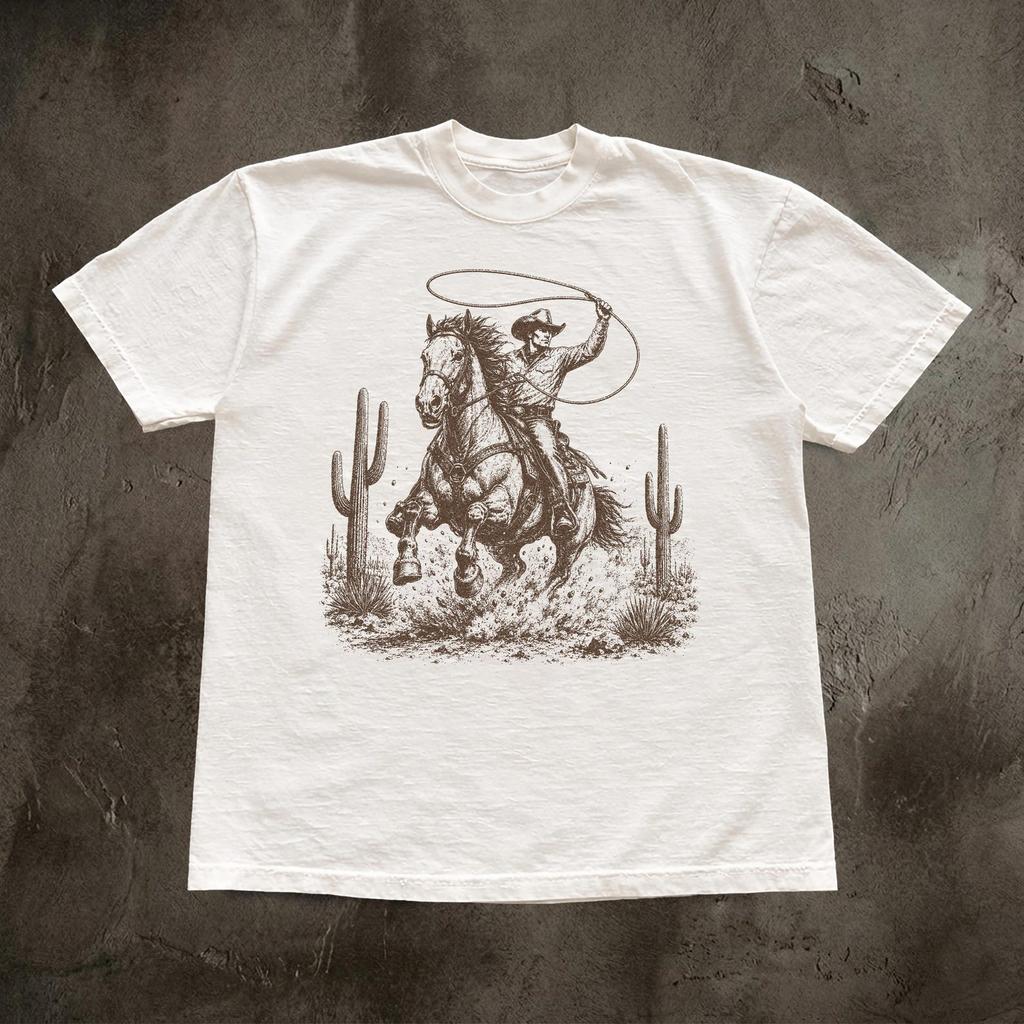 Vintage Cowboy T-Shirt, Retro Western Graphic Tee, Desert Cactus Rodeo Top