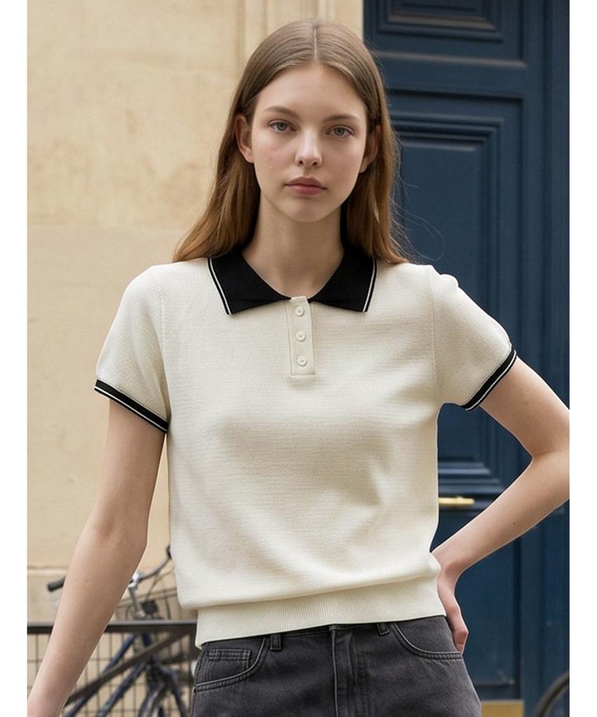 Poebeo21 Collar Contrast Half Button Short Sleeve Knit (Ftdbnt044)