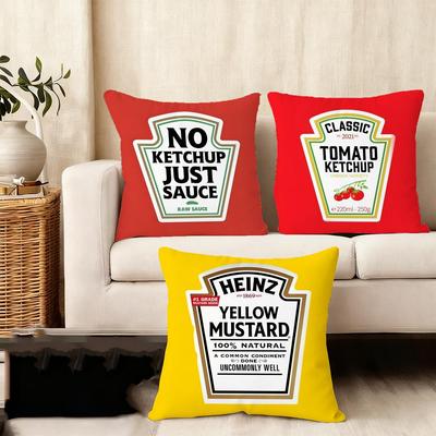 Cushion Cover Silky Short Plush Home Sofa Cushion Cover - Invisible Zipper Home Decoration Funny Ketchup Label