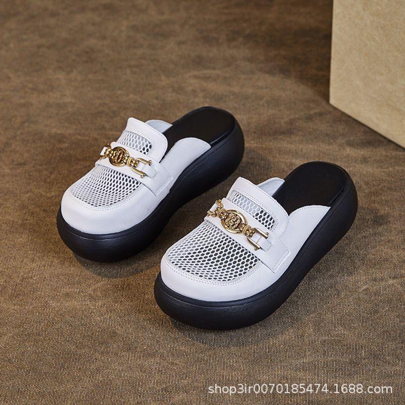 2024 summer new real soft leather bag head slippers women wear versatile thick-bottomed sandals small mesh half slippers women