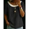 Women Lace Trim Patchwork Round Neck Short Sleeve Loose Linen Blouse