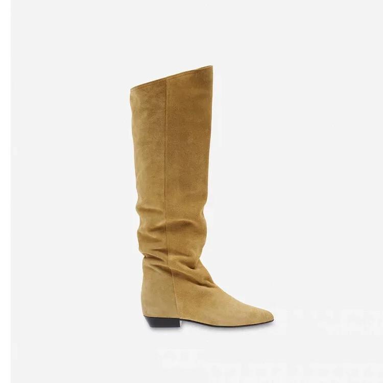 Fashion New Fashion Lazy Pleated Cow Suede Knee High Boots Autumn Winter Round Head Low-heel Short Plush Warm Women Long Boot Size 34-43