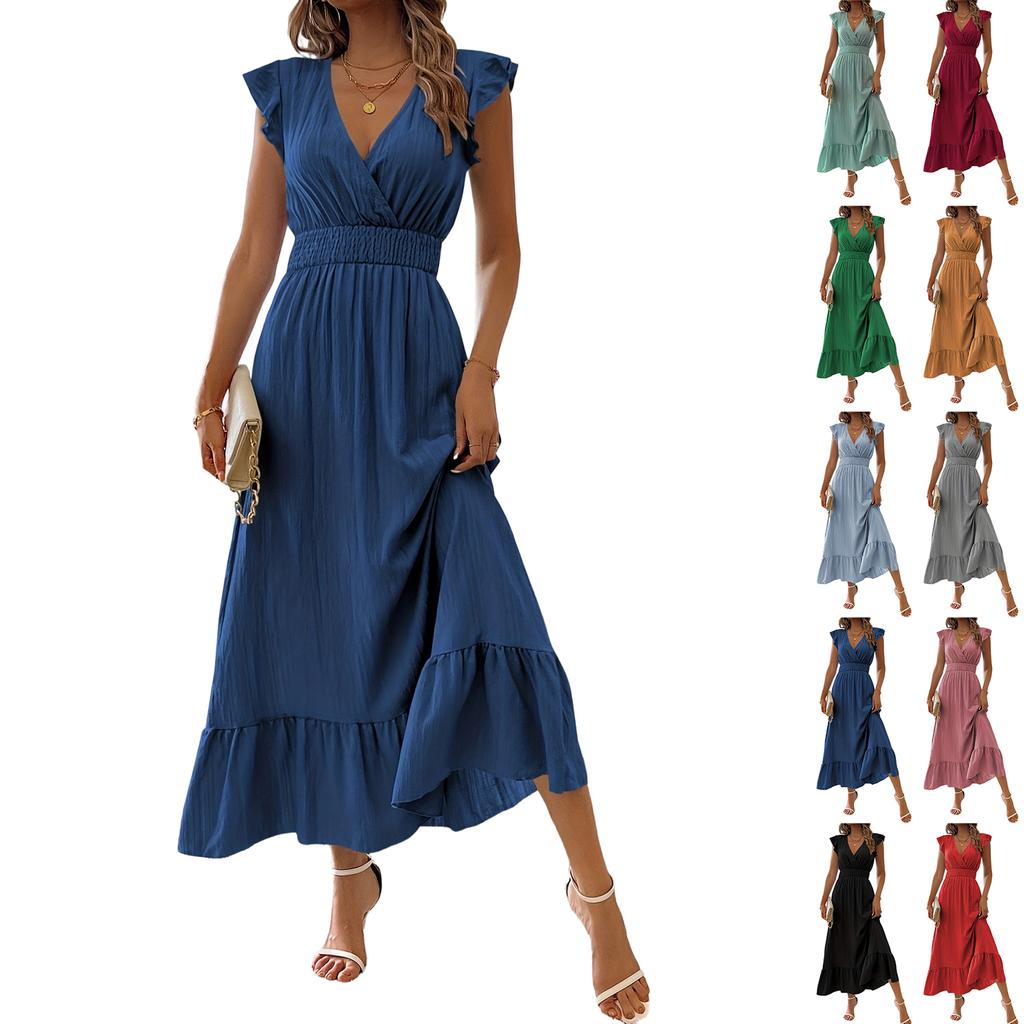 Women's Casual Fashion High-waisted V-neck A-line Dress With Ruffle Sleeves Ruffle Sleeves