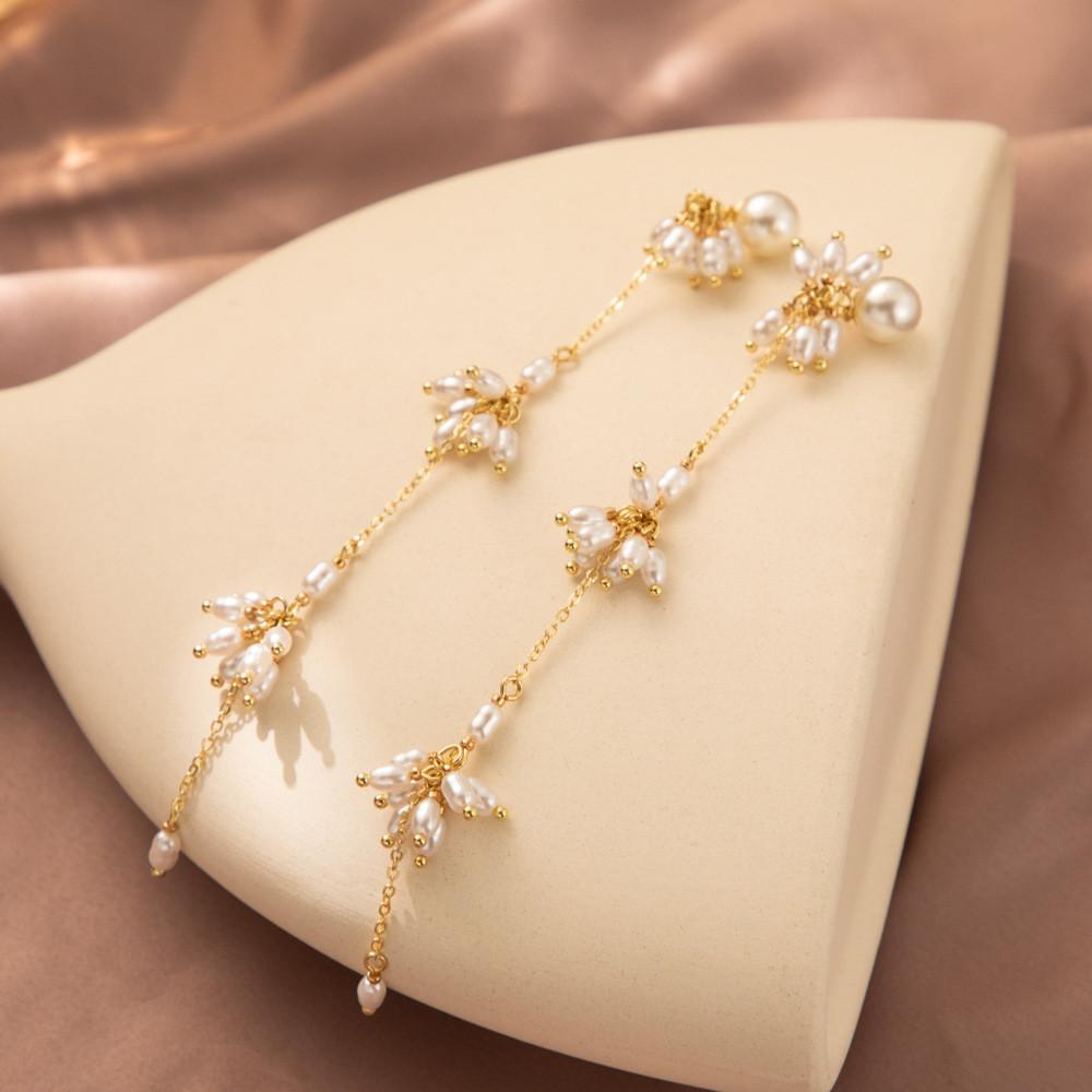 Gold Plated Modern Geometric Earrings With Tassel And Chain Details