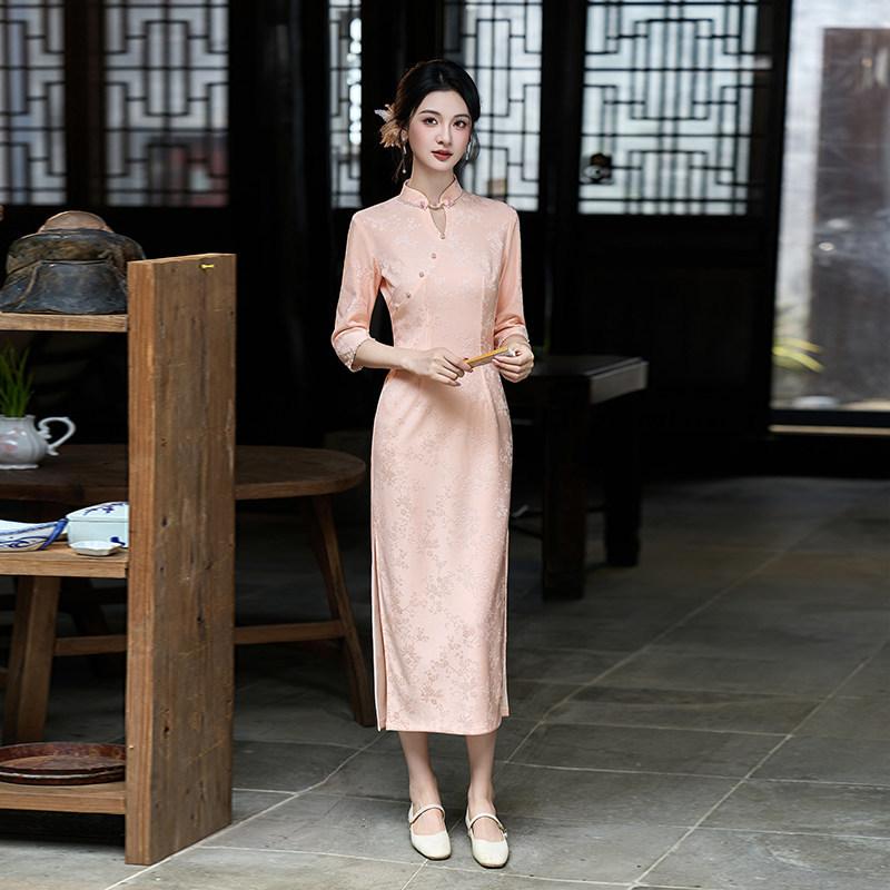 Pink National Style New Chinese Style Suzhou Improved Long-sleeved Autumn Cheongsam Seven-quarter Sleeve 1011 New Young Women's Spring and Autumn