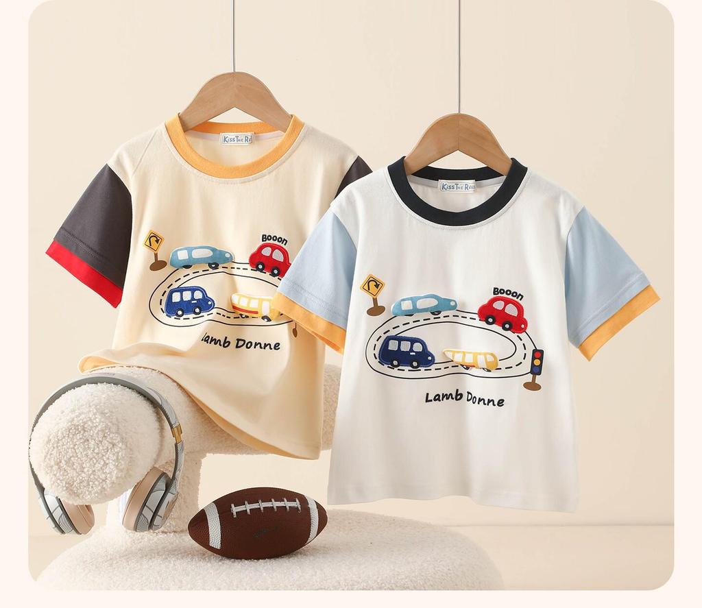 Summer Baby Boys' Cartoon Color Block Cotton T-shirt with Embroidery - Short Sleeve