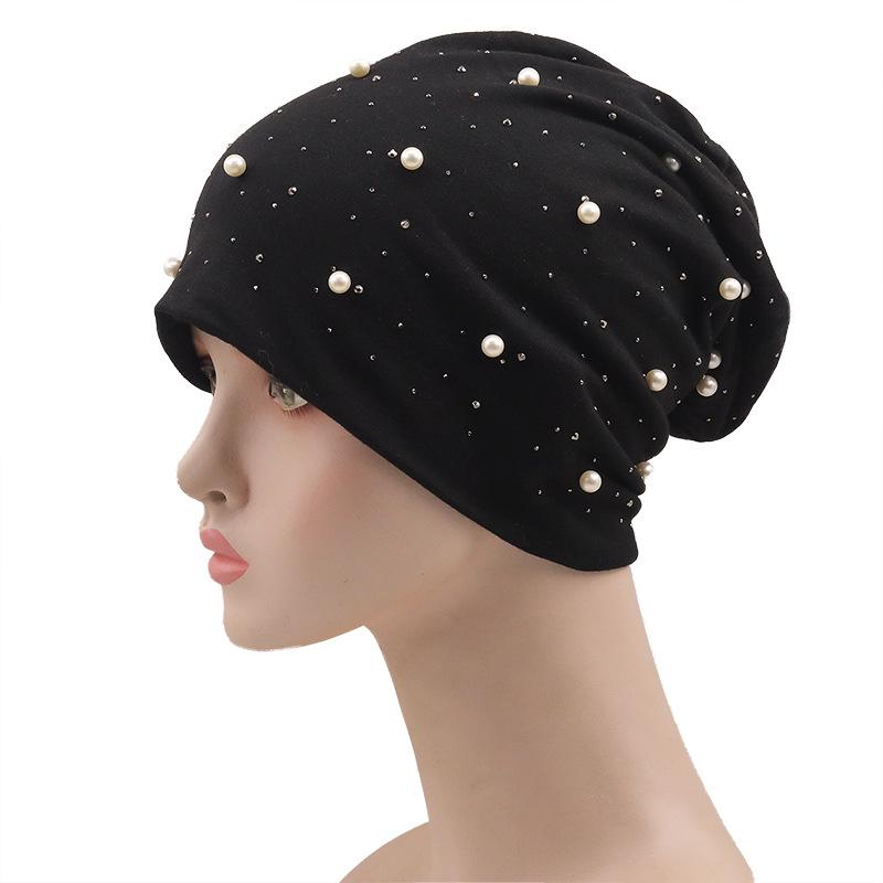 European and American women's autumn and winter new warm brimless hot diamond pearl monochrome pullover hat dome printing outdoor stacking hat