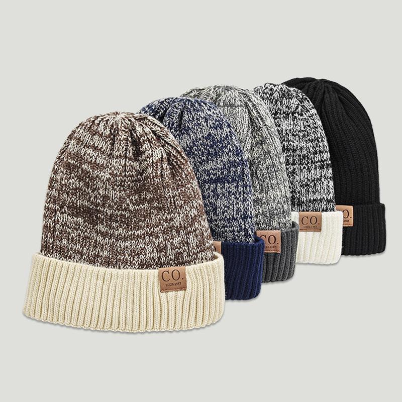 Unisex Two-Tone Winter Hats Add Fur Lined Men And Women Warm Beanie Cap Casual Winter Knitted Hats