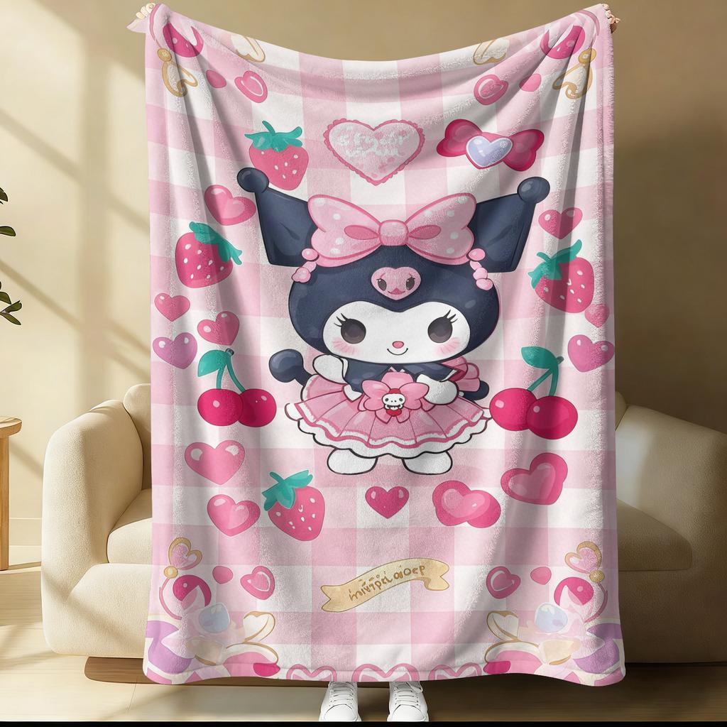 Hot Sale Kuromi Pink Plaid Sweet Blanket Cute Strawberry Cherry Heart Pattern Flannel Plush Throw for Home Decor Bed Sofa Office