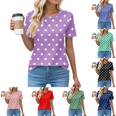 T Shirts For Women Pleated Round Neck Dressy Casual Blouses Printing Short Sleeve Summer Tops Loose Fit