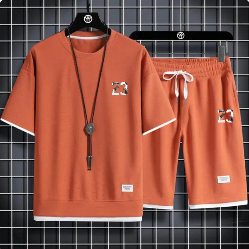 Set de pantaloni scurți pentru bărbați cu imprimeu waffle, 2 articole sport largi, stil Harajuku, modă de vară