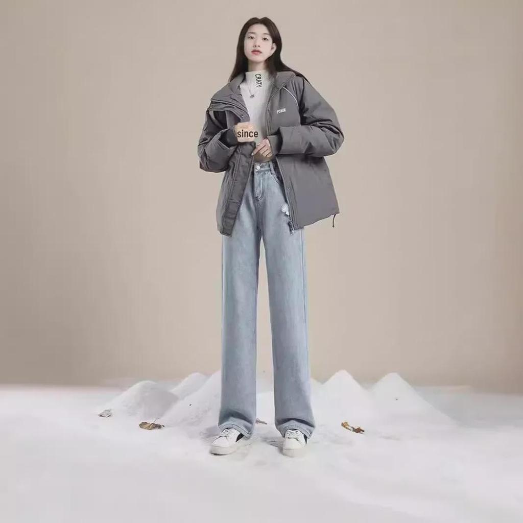 Women's Plush High-Waist Wide-Leg Jeans - Slim, Warm, All-Match Loose Straight Fit for Autumn/Winter