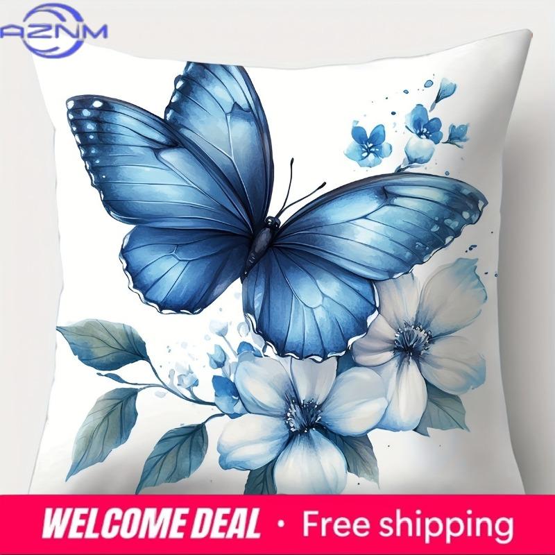 Blue Dancing Butterfly Print Home Decor Pillowcase Bedroom Living Room Sofa Decoration Polyester Cushion Cover with Zipper