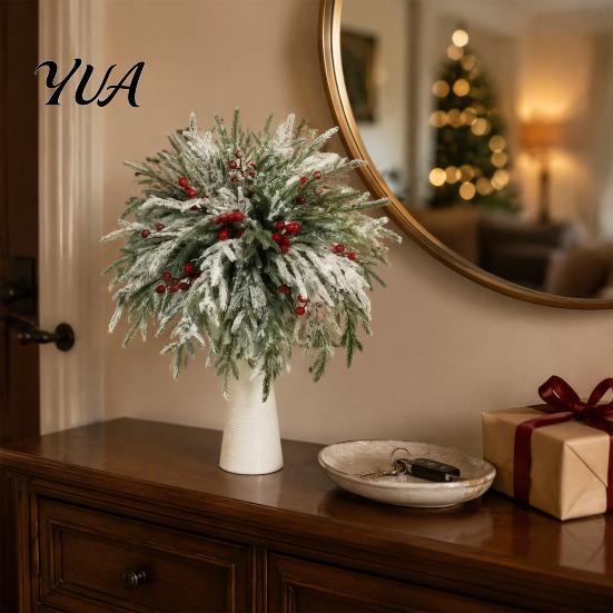 Decorative Floral Arrangements for Party 20Pcs Christmas Norfolk Pine Picks, Flocked Snow Branches with Artificial Plants Home Decor Red Berries,