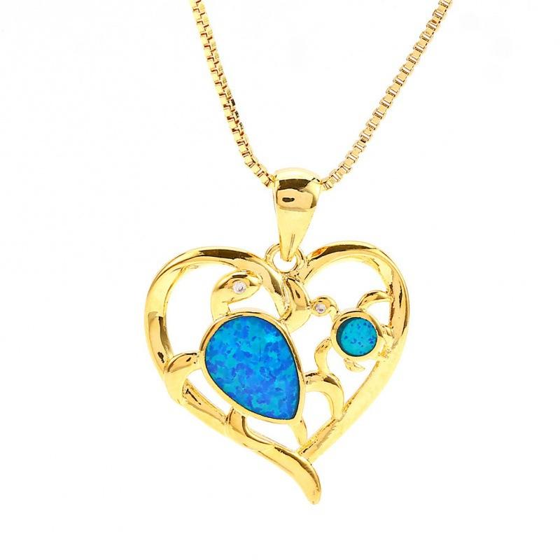 ins wind gold platinum blue and white opal size turtle mother and son hollow heart-shaped versatile necklace