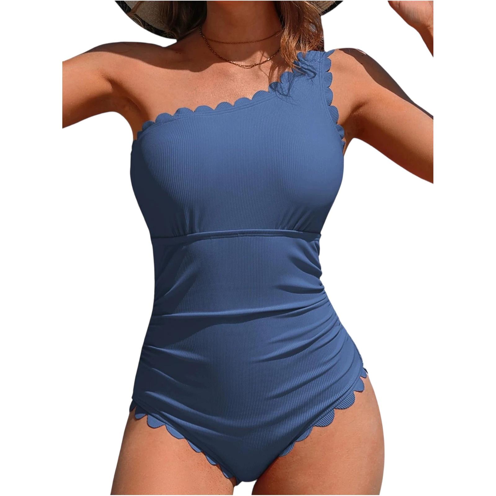 

Women One Shoulder Scalloped Edge One Piece Swimsuit Ruched Tummy Control Monokini Bathing Suit Swimwear L
