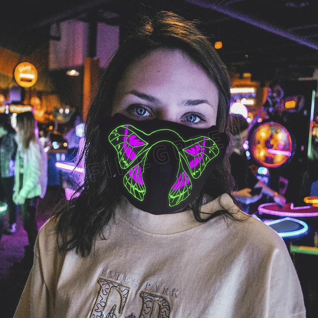 Novinka LED maska na párty aktivovaná zvukem, hlasová, svítící, s EL panelem na obličej, Halloweenská, maškarní, cosplay maska