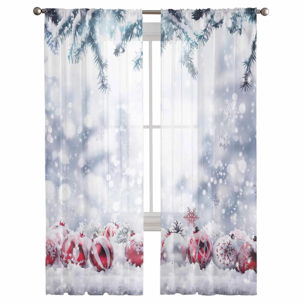 Weihnachts-Schneeball-Schergardinen zur Wohnzimmerdekoration Fenstergardinen Küchen-Tüll-Voile-Gardinen