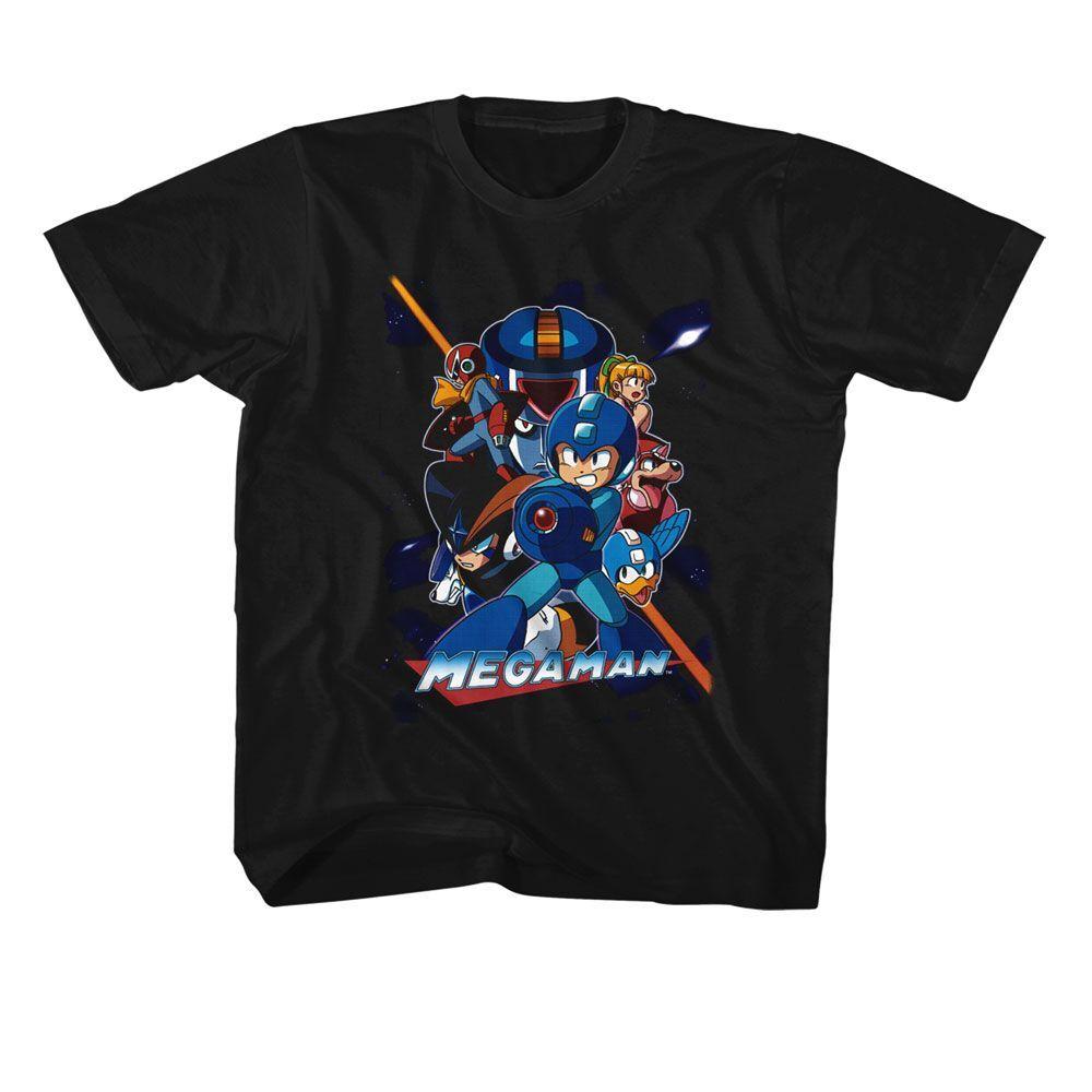 Mega Man Collage Orange Beam Black Youth T-Shirt S