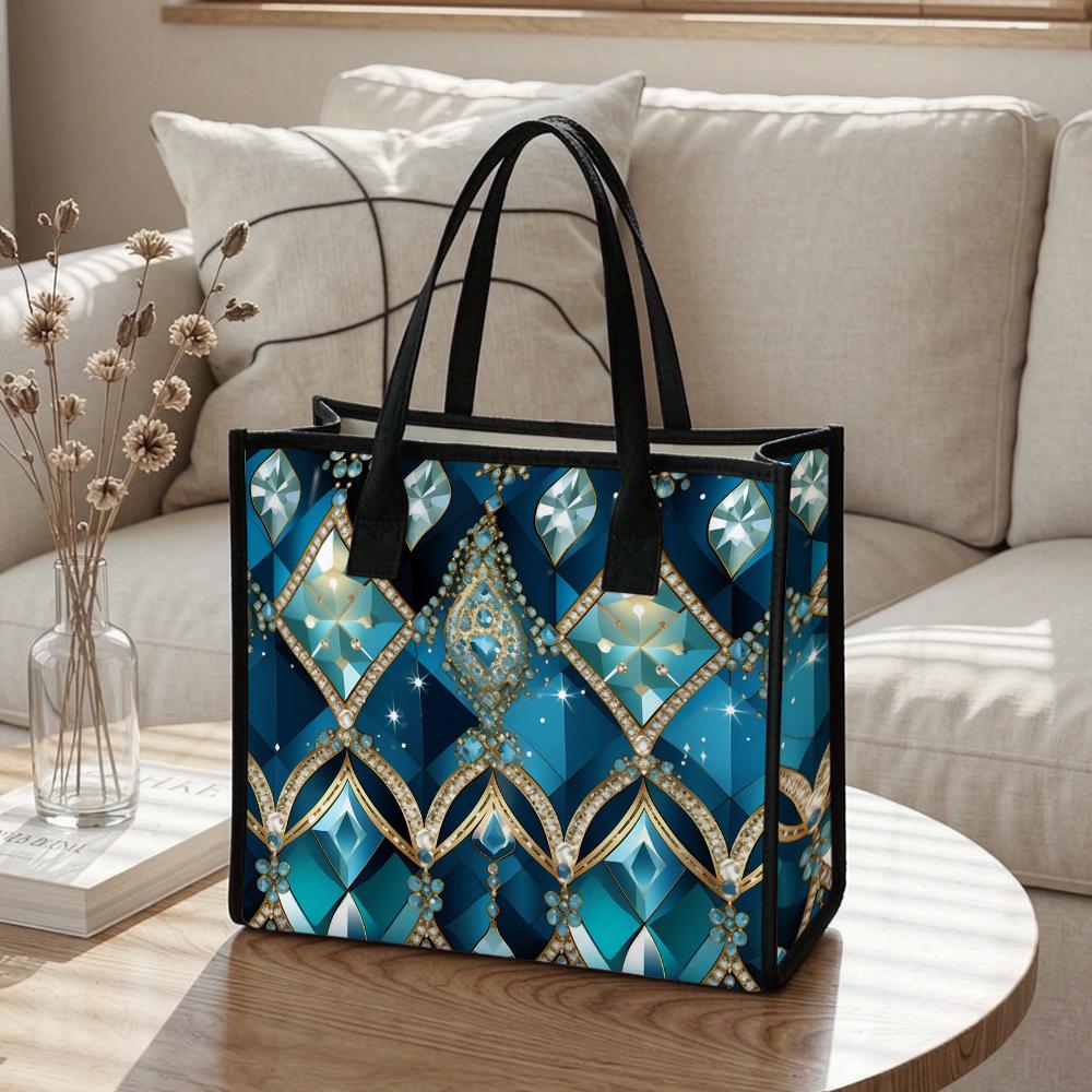 Elegant Teal Print Tote Bag Fashion Large Capacity Shopping Handbag for Daily Use
