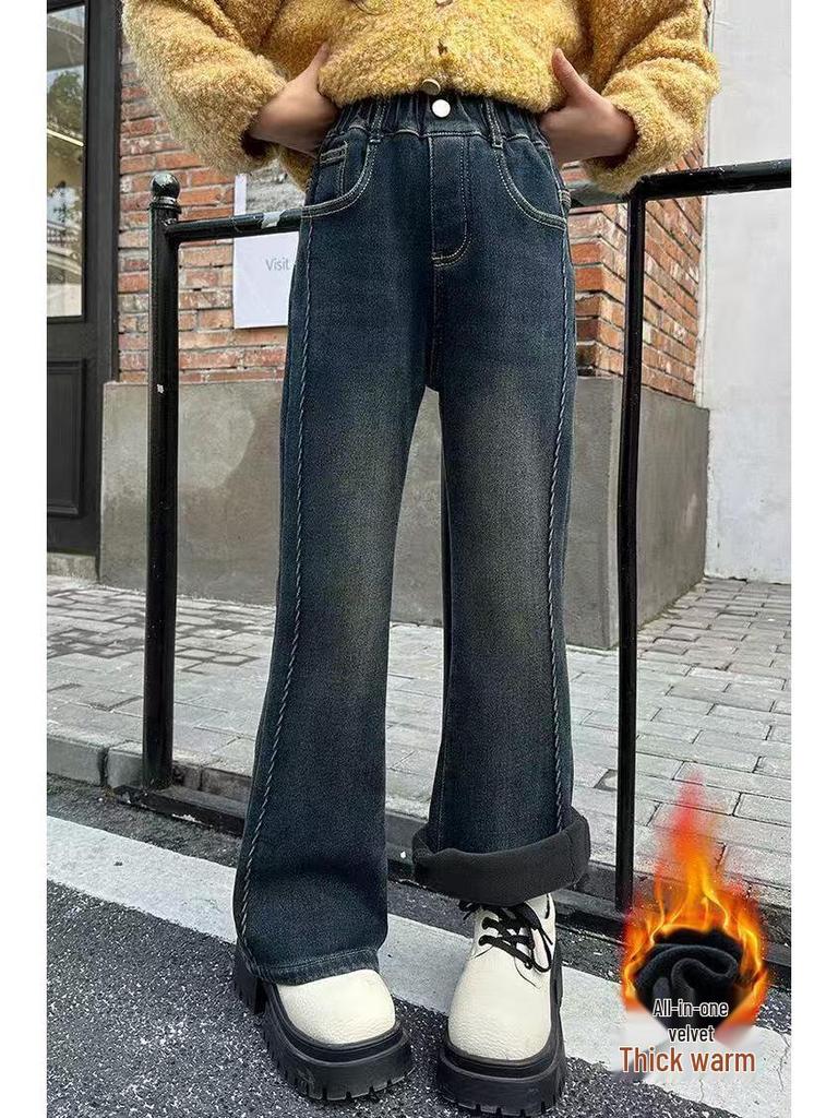 Girls' Plus Velvet Flared Pants - Stylish Slim Fit Autumn/Winter Jeans for Older Children and Students