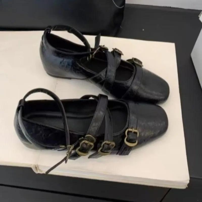 Fashion Retro Heightened Casual Shallow Single Shoes for Women 2025 New Cross Buckle Square Toe Versatile Korean Version Mary Jane Shoes