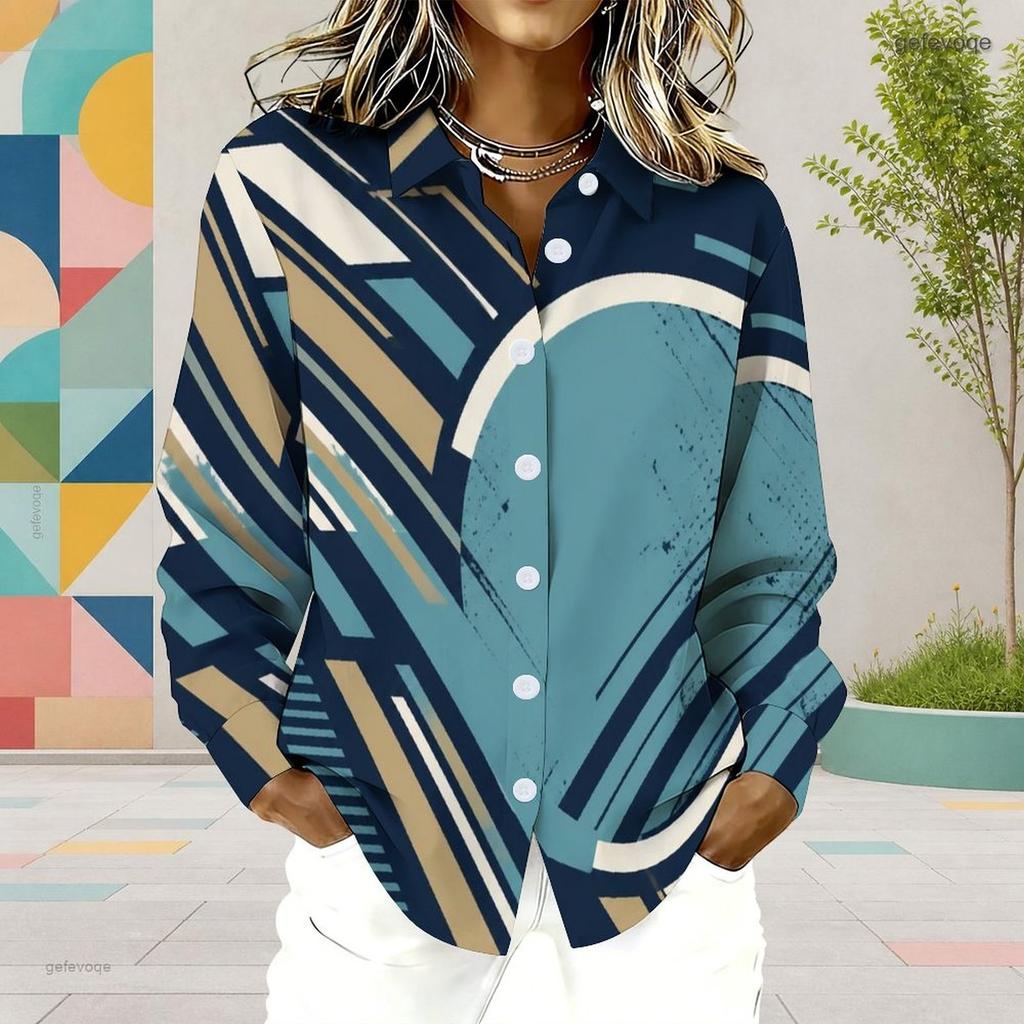 Women Plus Size Geometric Color Block Printed Collared Long Sleeve Cut Out Button Front Shirt