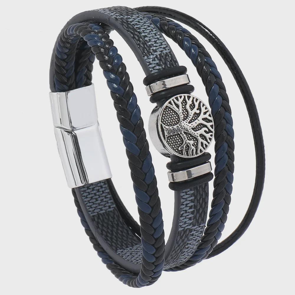 Men Punk Style Braided Leather Rope Bracelet Tree of Life Charm Punk Style Multi-layer Wristband Personalized Handmade