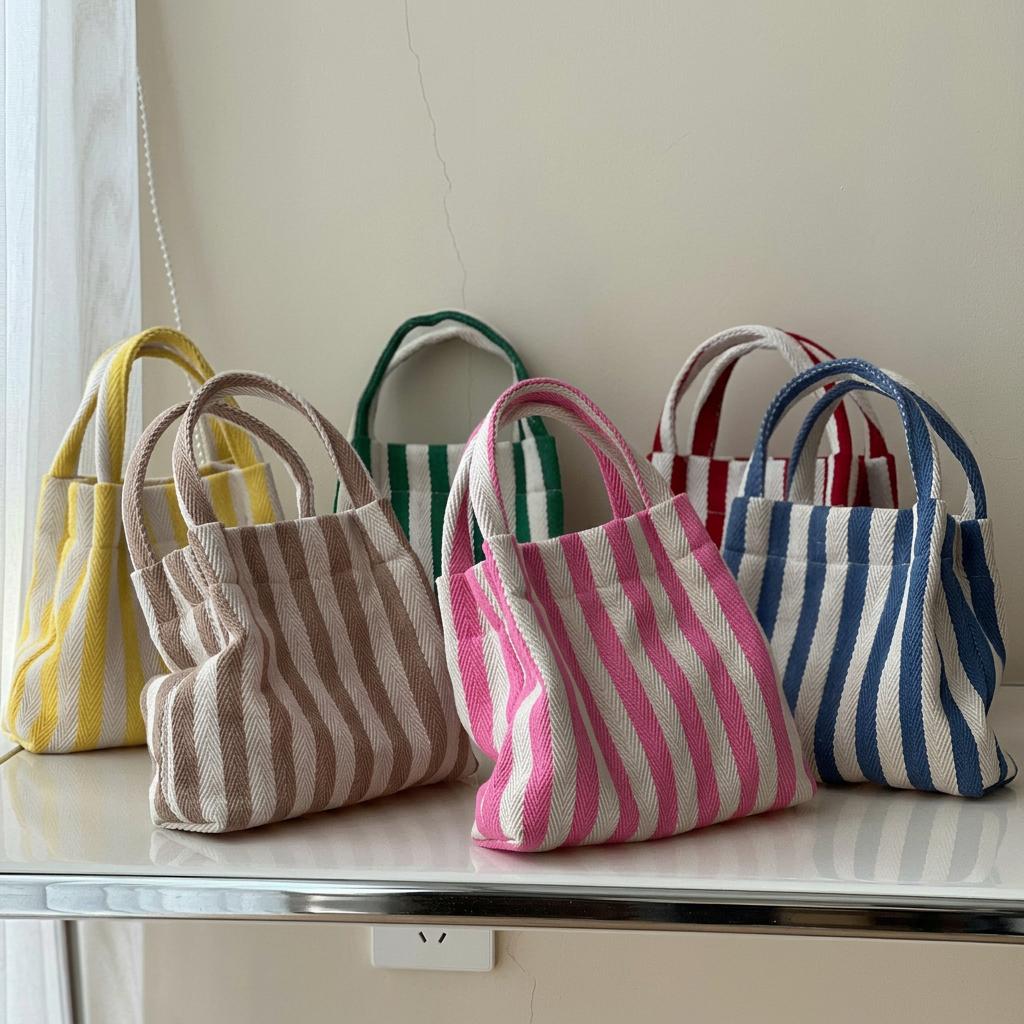 Tragbare Canvas-Tasche Tragbare Mini-Canvas-Handtasche Gestreifte Tragetasche Vertikale Quadratische Form Handtasche mit oberem Griff für den täglichen Gebrauch