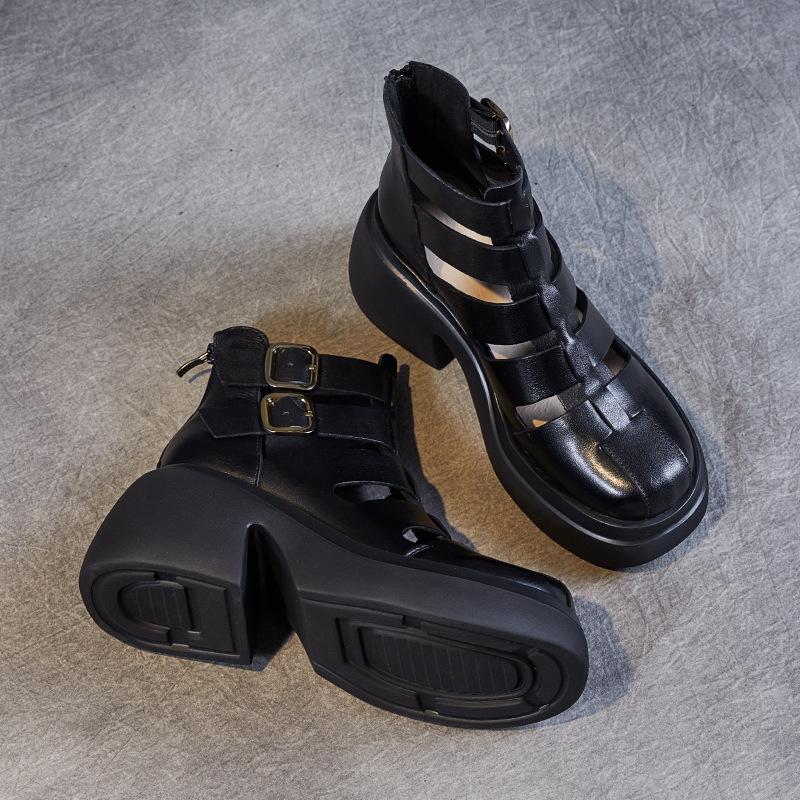First Layer Cowhide Cool Boots Women's Summer 2025 New Retro Brock Roman Boots Net Boots Platform Sandals Women