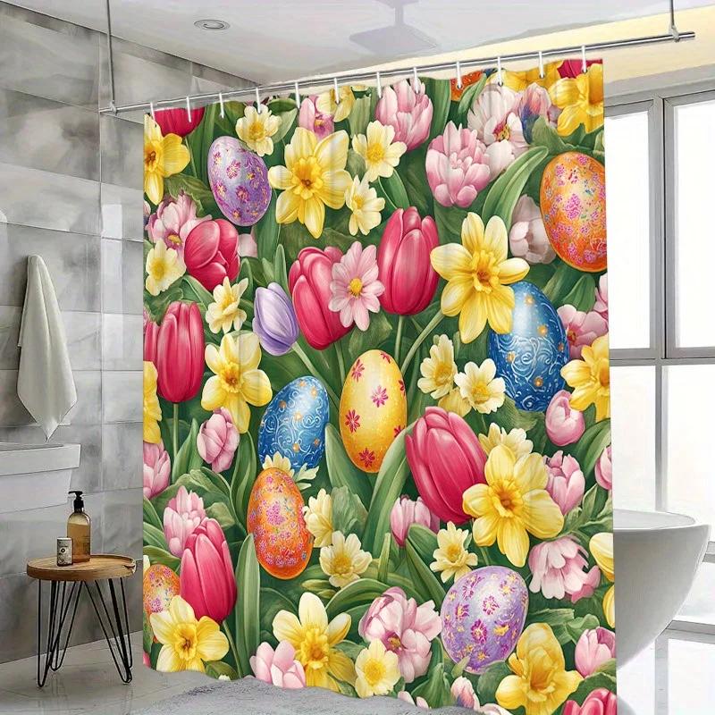 ~O~1pc Spring Garden Shower Curtain - Red Tulips, Yellow Daffodils, Pink Roses - Festive Bathroom Decor - Polyester, 70.8x70.8in