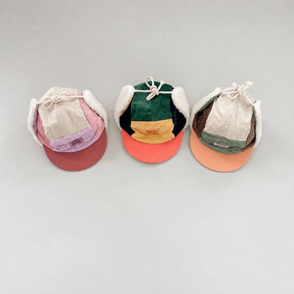With Sherpa Earflaps Infant Trapper Hat Patchwork Corduroy Ski Hat Vintage Winter Cap  Toddlers