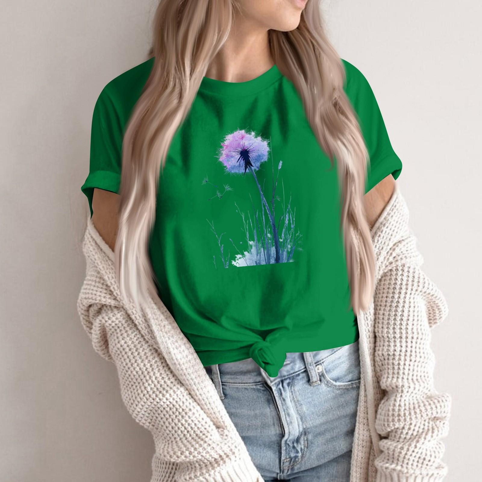 

Women s Fashion Casual Printed Round Neck Short Sleeved Pullover T-Shirt Top S зелений