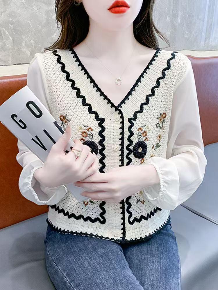 New Crochet Cardigan: Embroidered Long Sleeve Chiffon Shirt, Versatile Short Style, Sun Protection Knit Outerwear.