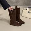 2025 Autumn and Winter Fashion Simple Round Head Korean Version Flat Bottom Versatile and Thin Fashion Boots Suede Medium Boots