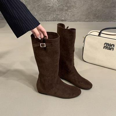 2025 Autumn and Winter Fashion Simple Round Head Korean Version Flat Bottom Versatile and Thin Fashion Boots Suede Medium Boots