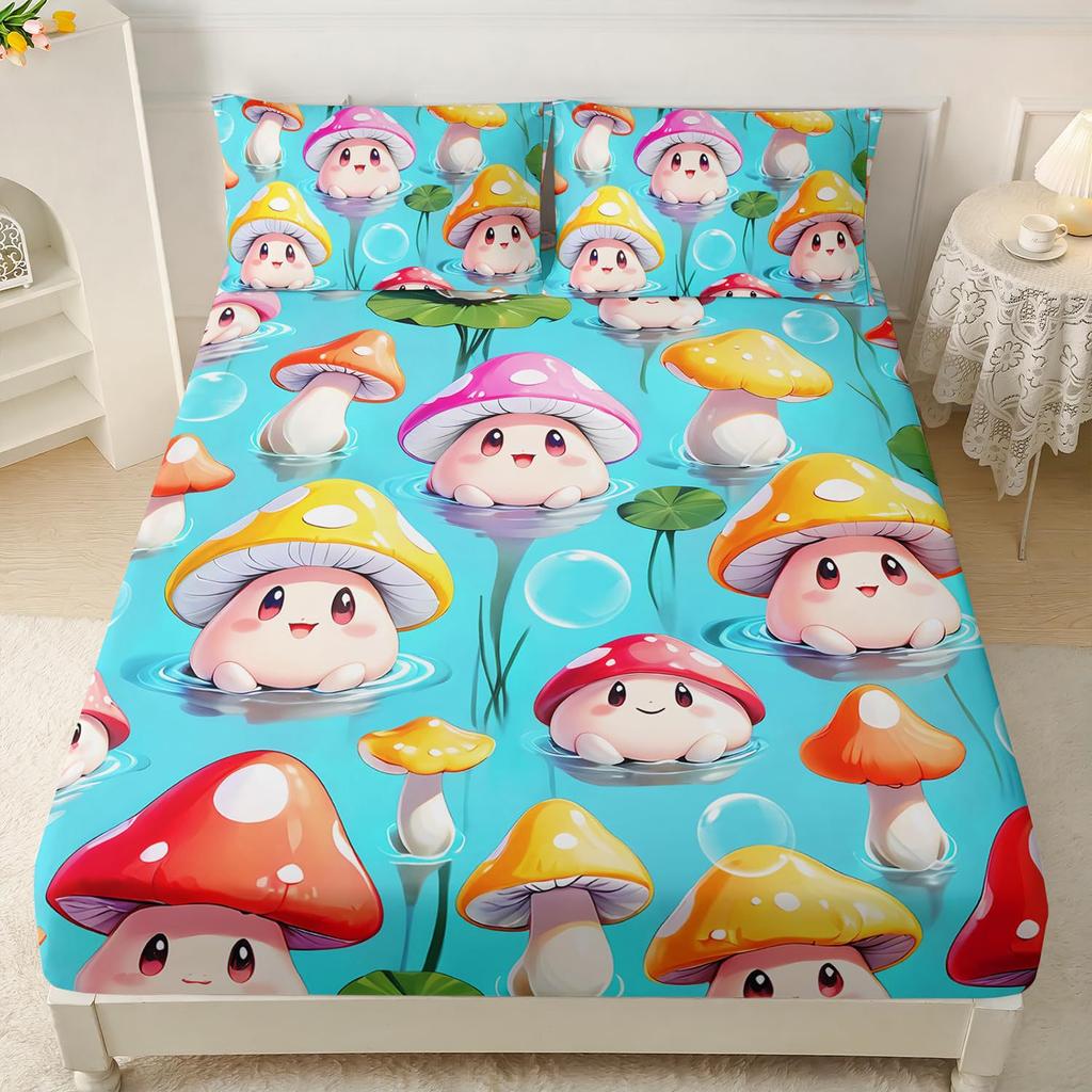 Color Mushroom Pattern Mattress Three-Piece Digital Printing Mattress Bedding Set Adult Children