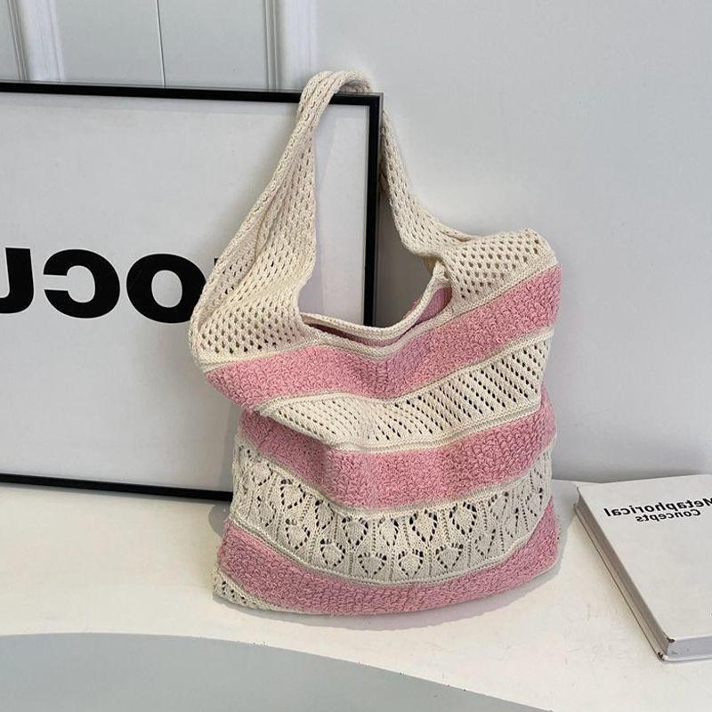 

Ladies Woven Bag Striped Knitted Bag Simple Hollow Out Hand Held Shoulder Bag чёрный