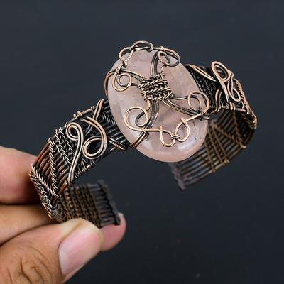 Pulsera Brazalete de Cuarzo Rosa Natural Hecha a Mano con Alambre de Cobre Envuelta Ajustable T6M26