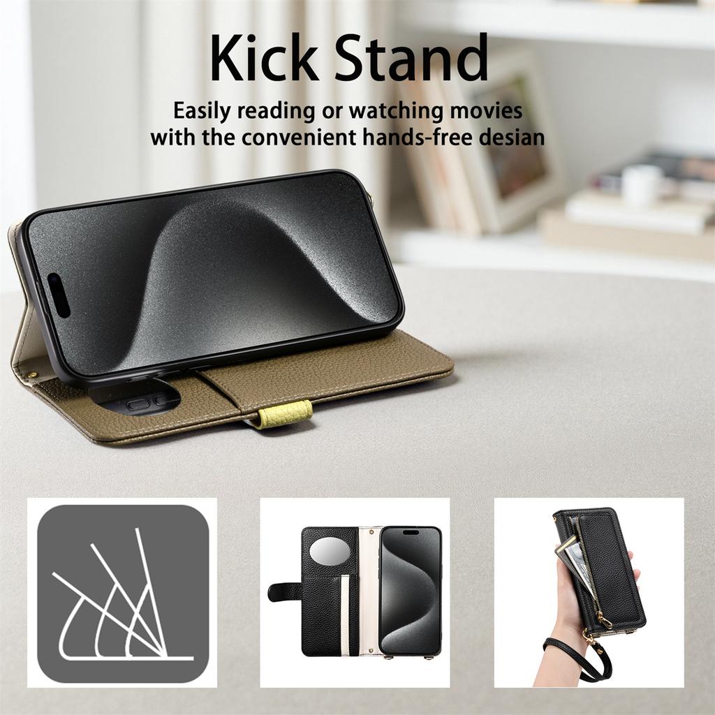 Skórzane etui na telefon dla serii Samsung Galaxy S23-S25 / serii A14-A56 z kieszonką na monety, przegródką na karty, lusterkiem i podstawką – wiele kolorów