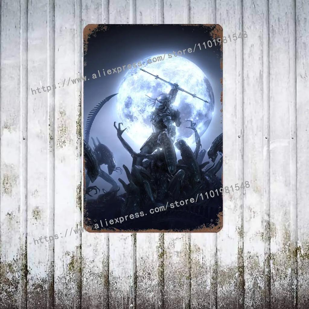 Aliens vs Predator Science Fiction Poster Vintage Plåtskylt Dekorativ Plakett för Pub Bar Mancave Klubb Väggdekoration