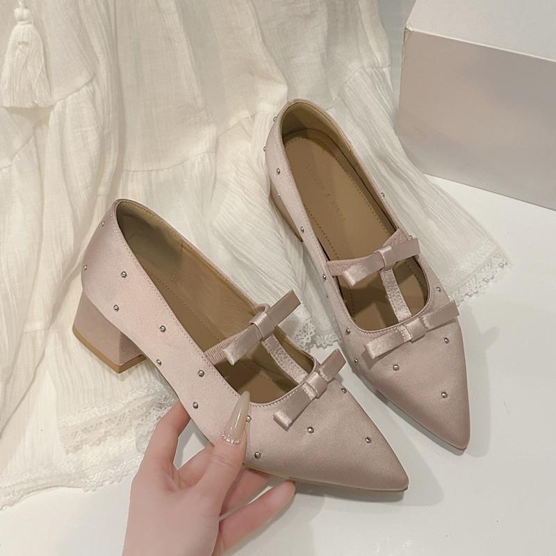 

Women s High Heels Soft Bottom Silk Satin Mary Jane Shoes Spring Summer Butterfly Knot Slip-On Pumps Comfortable round Toe 35 рожевий