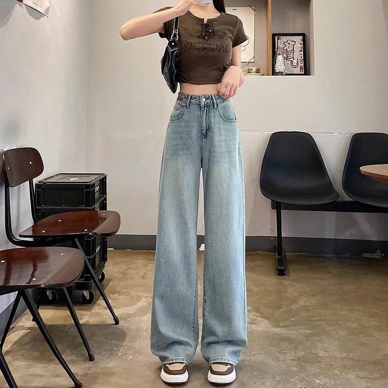 Hellblaue Weitbeinjeans für Damen im Sommer Dünn Neu Bestickt Hochtailliert Kleine Schmale Version Straight-Leg Hose