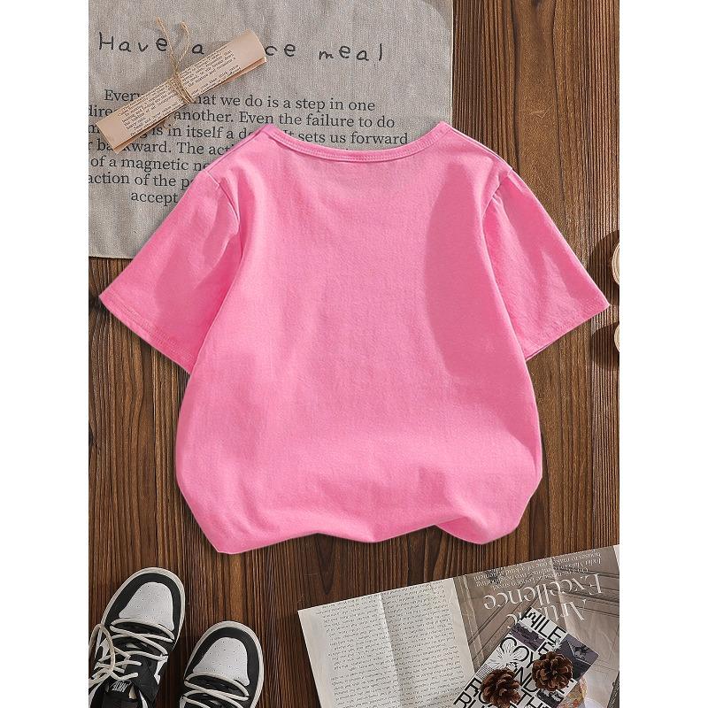 European Sizes This New Stylish Round Neck Short-sleeved T-shirt for Girls Features a Cartoon Hibiscus 'Aloha' Letter Print.